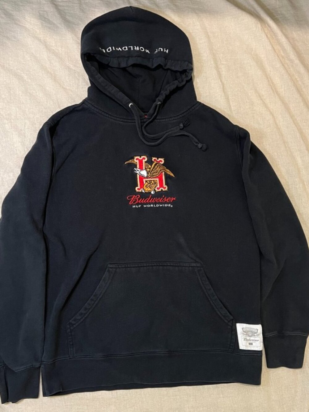 HUF x Budweiser Classic H Hoodie Mens M Black 2018 Beer Streetwear Embroidered